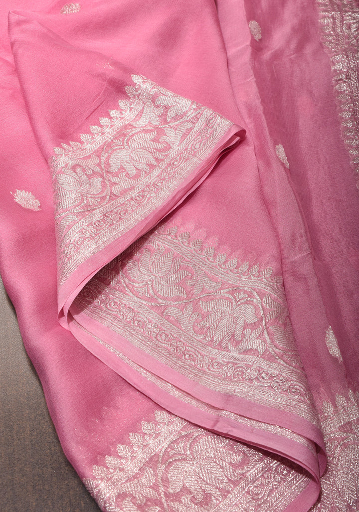 Baby Pink Pure Silk Chiffon Saree with Silver Tone Zari Buttas and Border | SILK MARK CERTIFIED