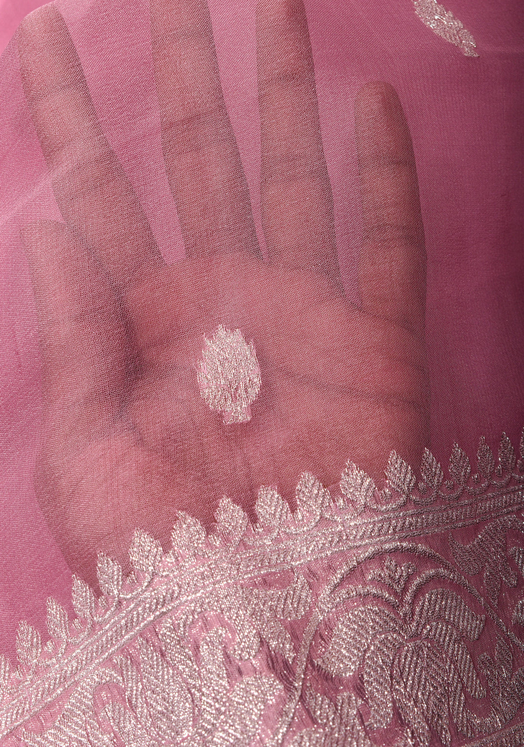 Baby Pink Pure Silk Chiffon Saree with Silver Tone Zari Buttas and Border | SILK MARK CERTIFIED