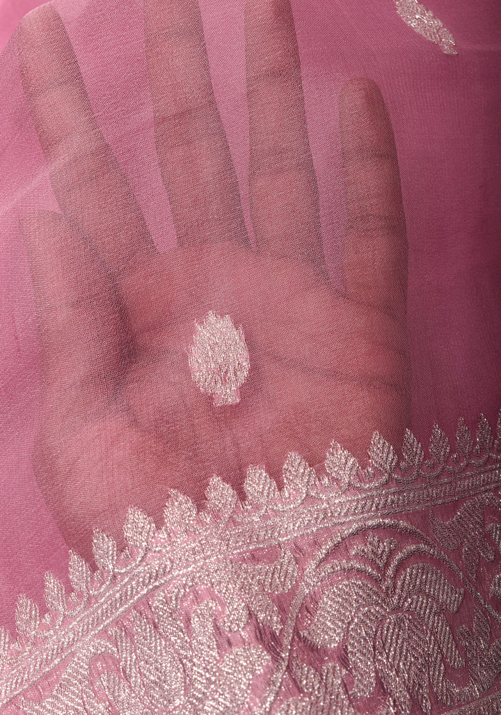 Baby Pink Pure Silk Chiffon Saree with Silver Tone Zari Buttas and Border | SILK MARK CERTIFIED