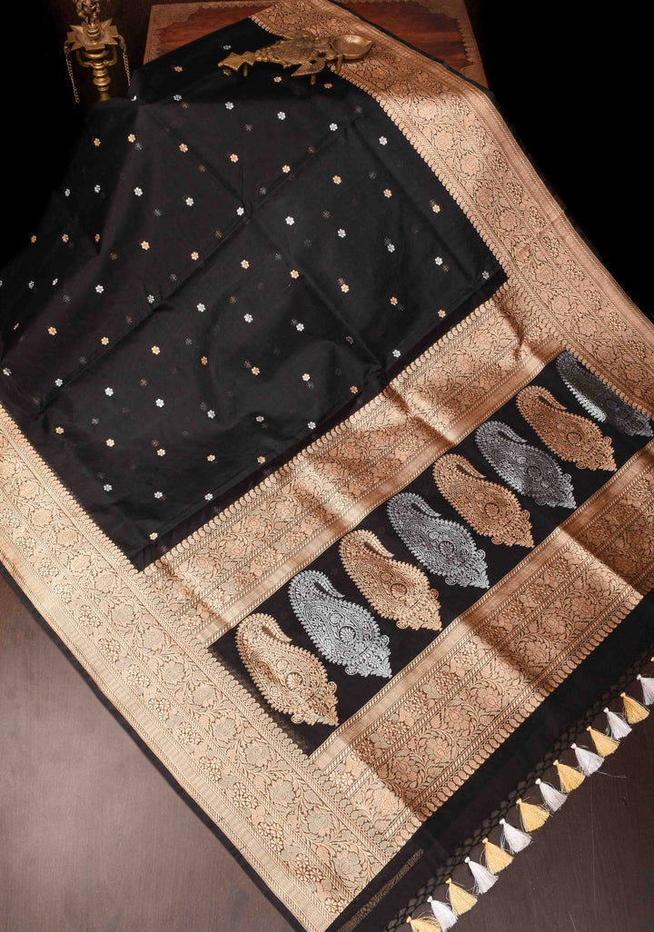 Exquisite Pure Banarasi Kora Silk Saree in Black with Sona Rupa Chunri Buttis and Zari Border | SILK MARK CERTIFIED