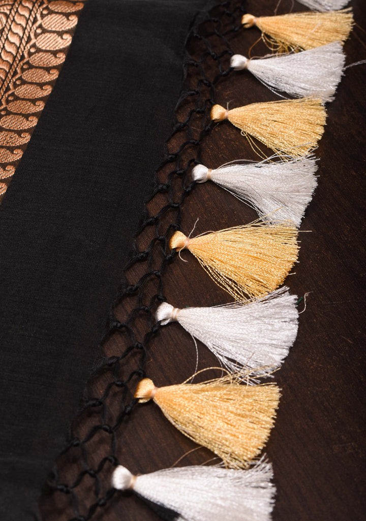 Exquisite Pure Banarasi Kora Silk Saree in Black with Sona Rupa Chunri Buttis and Zari Border | SILK MARK CERTIFIED