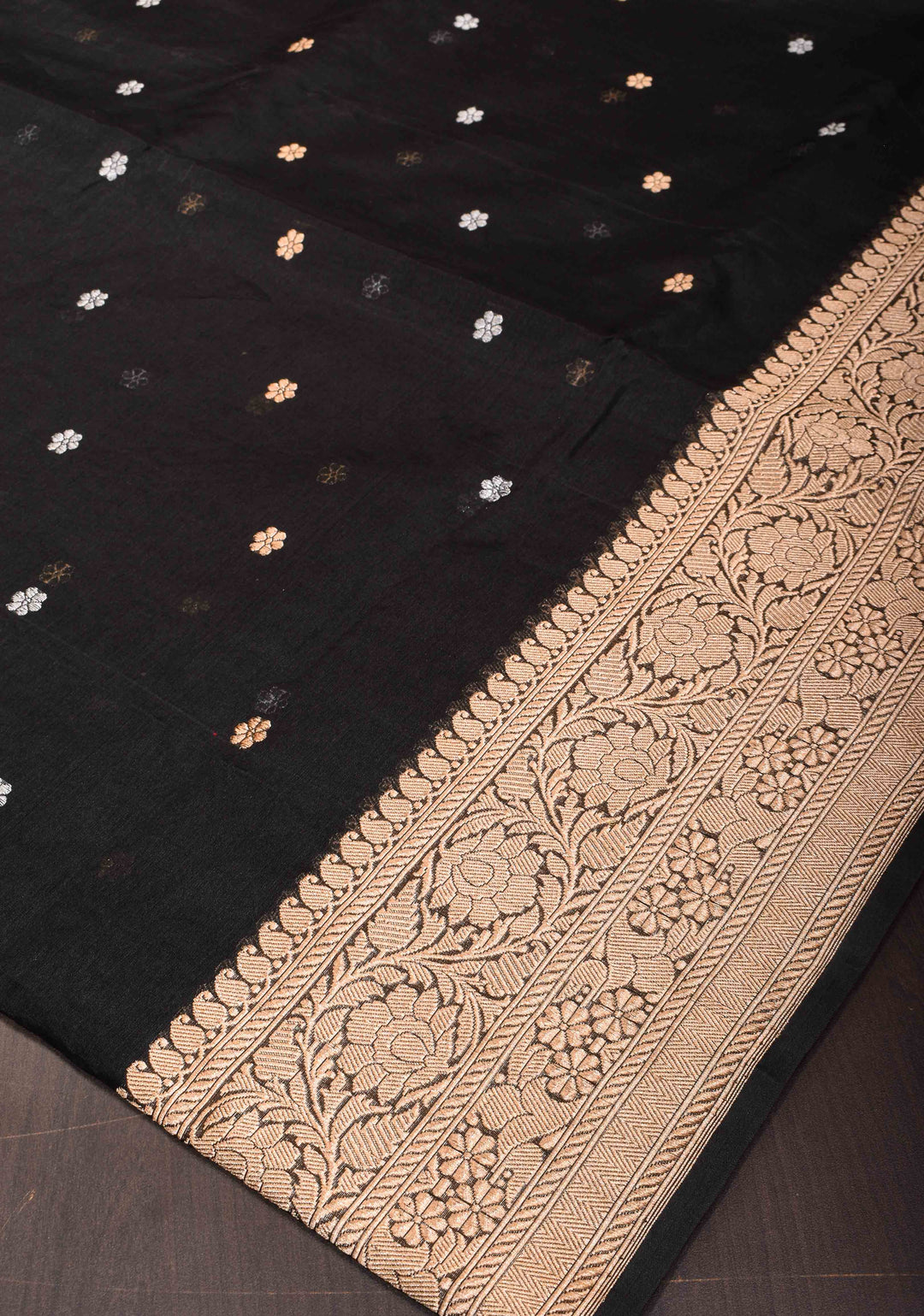 Exquisite Pure Banarasi Kora Silk Saree in Black with Sona Rupa Chunri Buttis and Zari Border | SILK MARK CERTIFIED