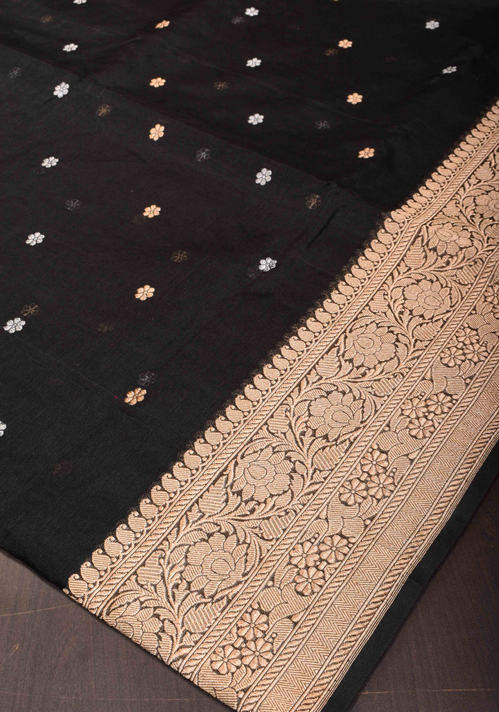 Exquisite Pure Banarasi Kora Silk Saree in Black with Sona Rupa Chunri Buttis and Zari Border | SILK MARK CERTIFIED