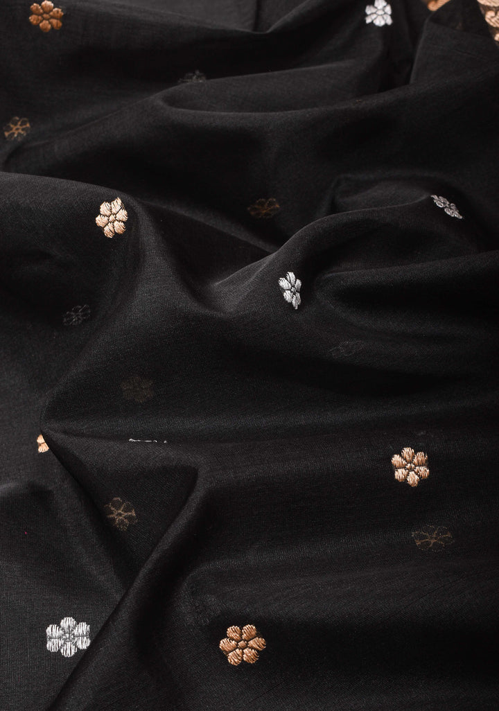 Exquisite Pure Banarasi Kora Silk Saree in Black with Sona Rupa Chunri Buttis and Zari Border | SILK MARK CERTIFIED