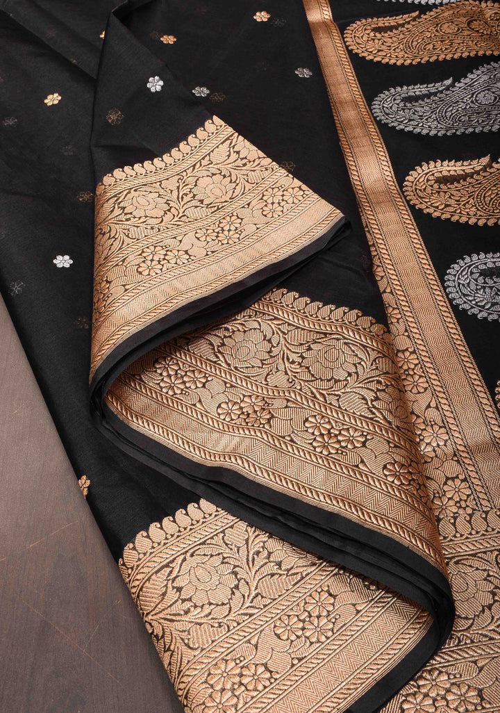 Exquisite Pure Banarasi Kora Silk Saree in Black with Sona Rupa Chunri Buttis and Zari Border | SILK MARK CERTIFIED