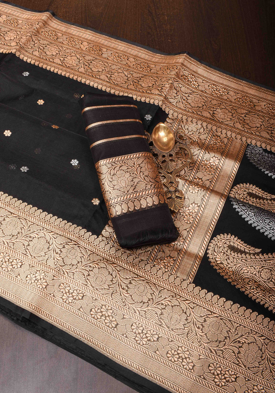 Exquisite Pure Banarasi Kora Silk Saree in Black with Sona Rupa Chunri Buttis and Zari Border | SILK MARK CERTIFIED