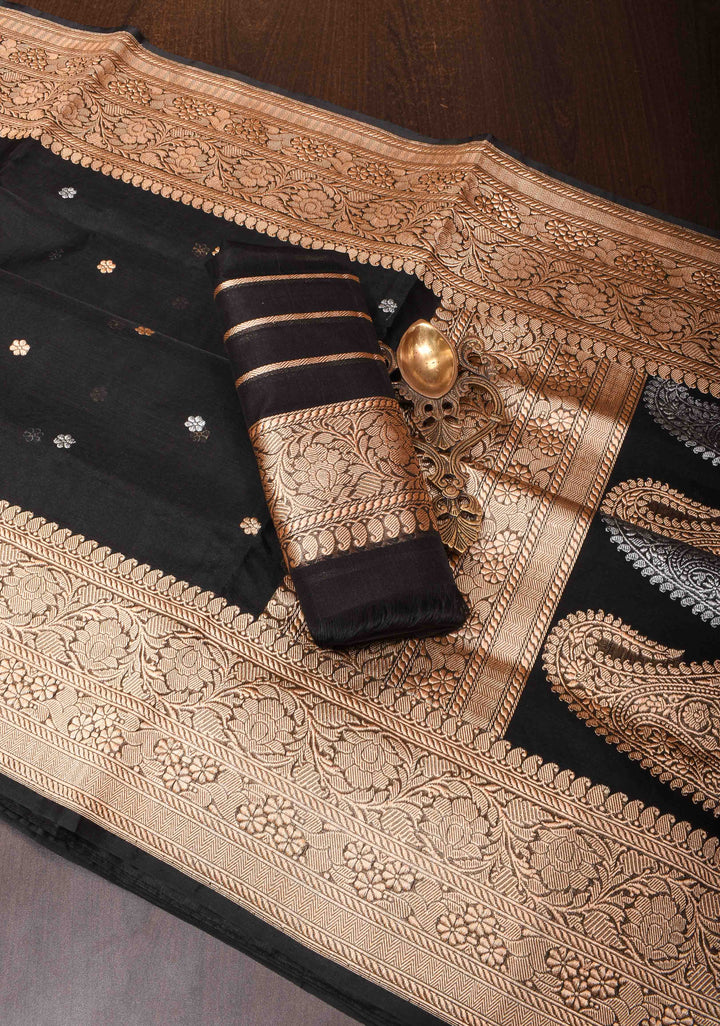Exquisite Pure Banarasi Kora Silk Saree in Black with Sona Rupa Chunri Buttis and Zari Border | SILK MARK CERTIFIED