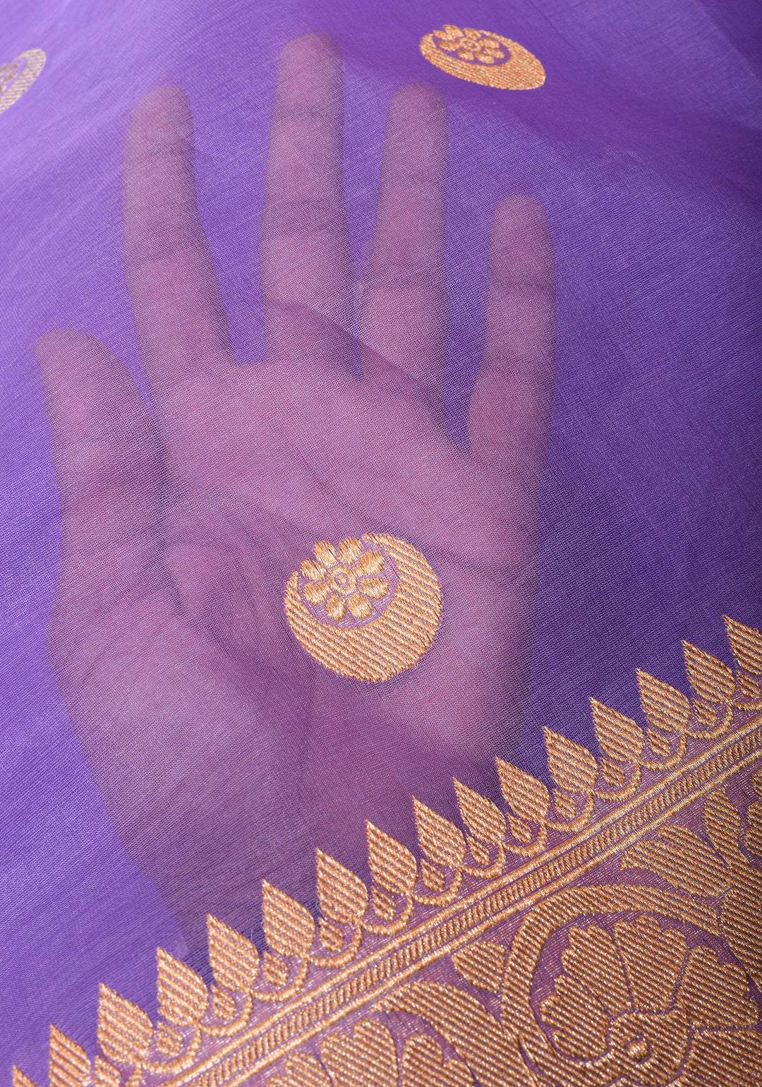 Lilac Banarasi Kora Silk Saree with Sona Rupa Chand Tara Buttas and Zari Border | SILK MARK CERTIFIED