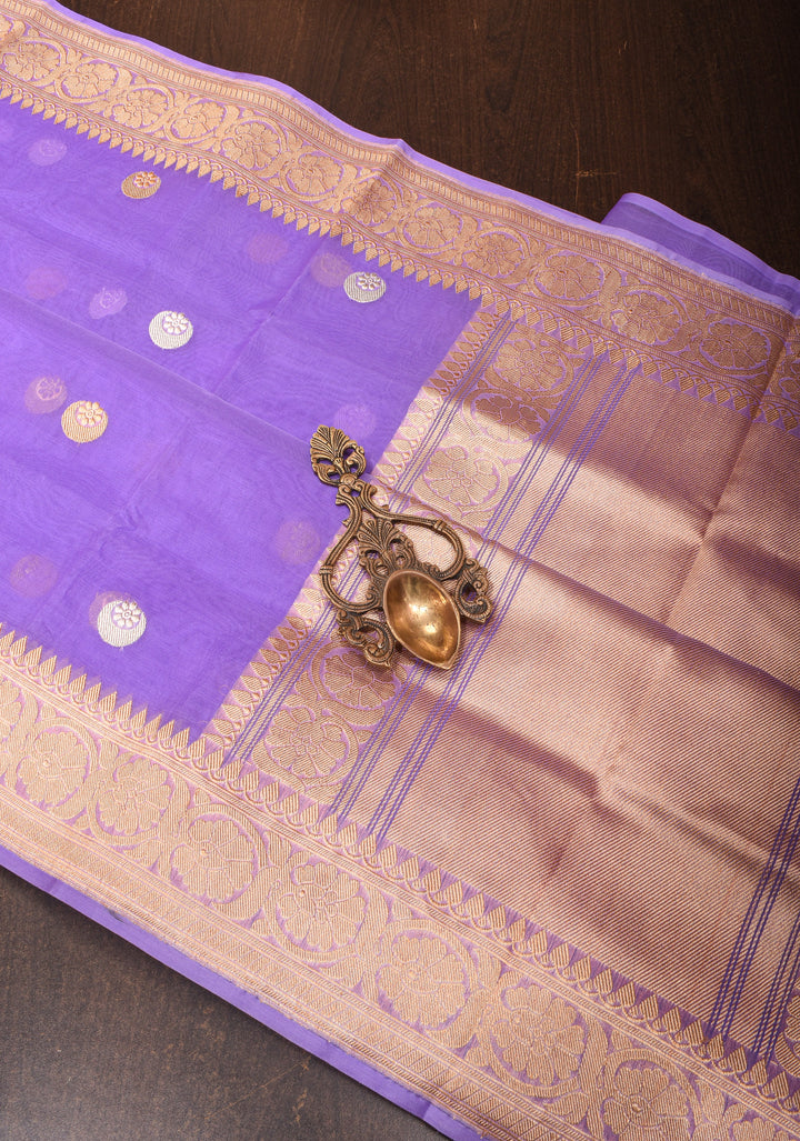 Lilac Banarasi Kora Silk Saree with Sona Rupa Chand Tara Buttas and Zari Border | SILK MARK CERTIFIED