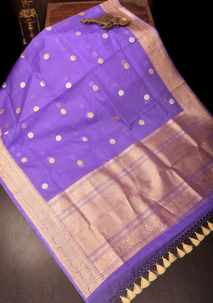 Lilac Banarasi Kora Silk Saree with Sona Rupa Chand Tara Buttas and Zari Border | SILK MARK CERTIFIED