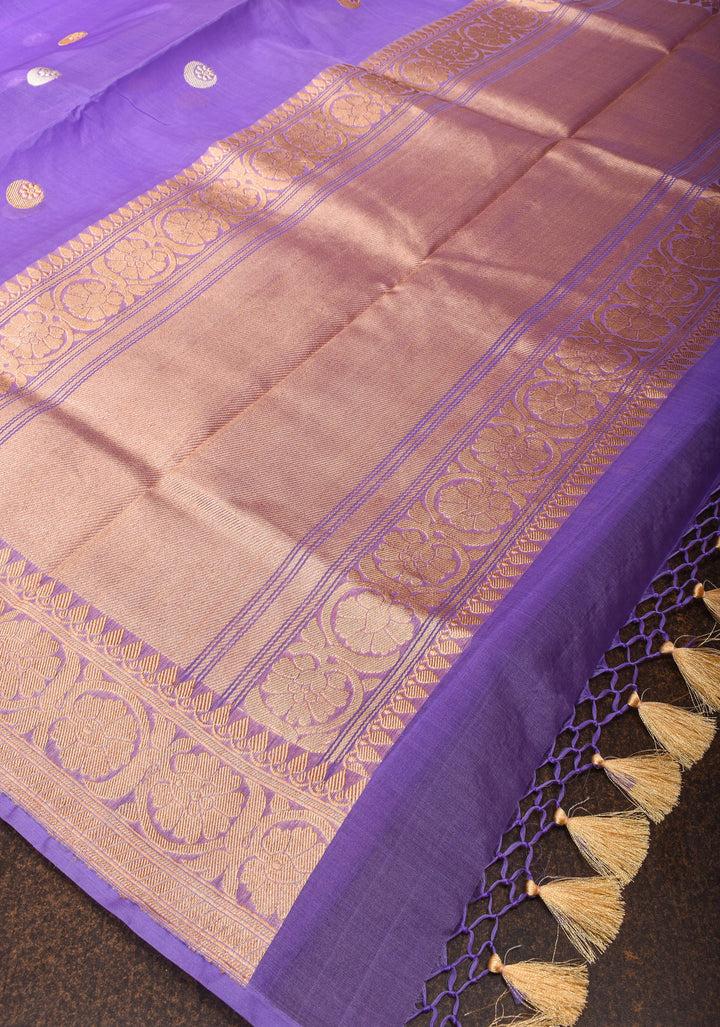 Lilac Banarasi Kora Silk Saree with Sona Rupa Chand Tara Buttas and Zari Border | SILK MARK CERTIFIED