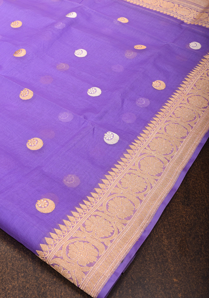 Lilac Banarasi Kora Silk Saree with Sona Rupa Chand Tara Buttas and Zari Border | SILK MARK CERTIFIED