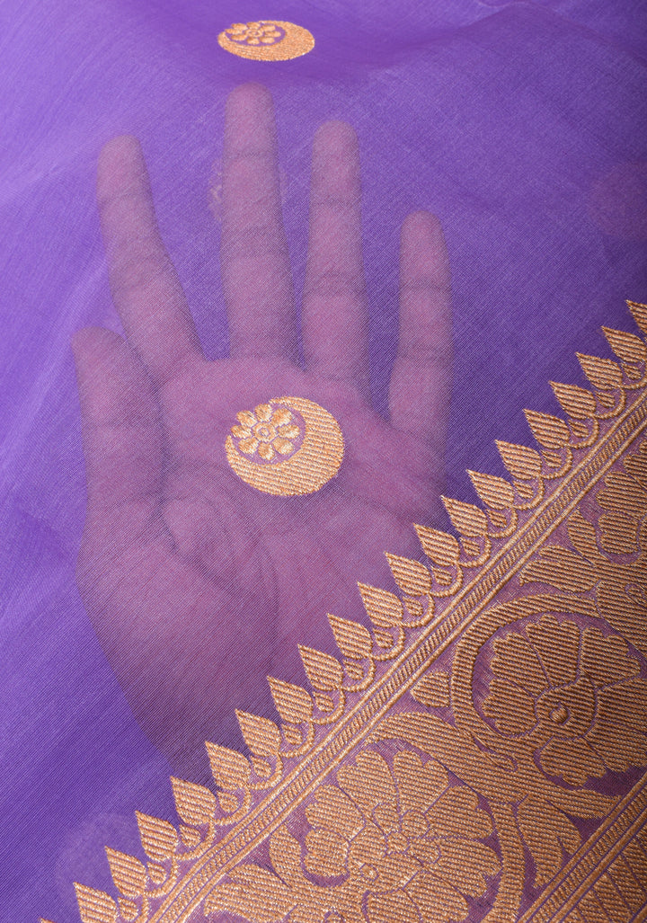 Lilac Banarasi Kora Silk Saree with Sona Rupa Chand Tara Buttas and Zari Border | SILK MARK CERTIFIED