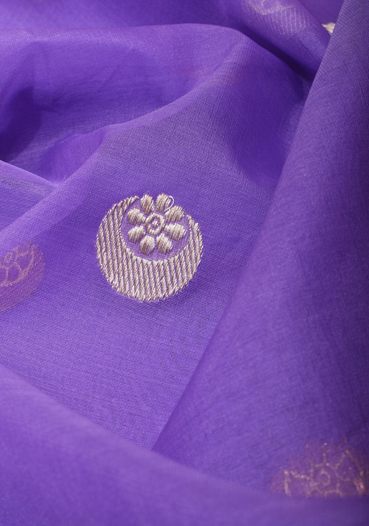Lilac Banarasi Kora Silk Saree with Sona Rupa Chand Tara Buttas and Zari Border | SILK MARK CERTIFIED