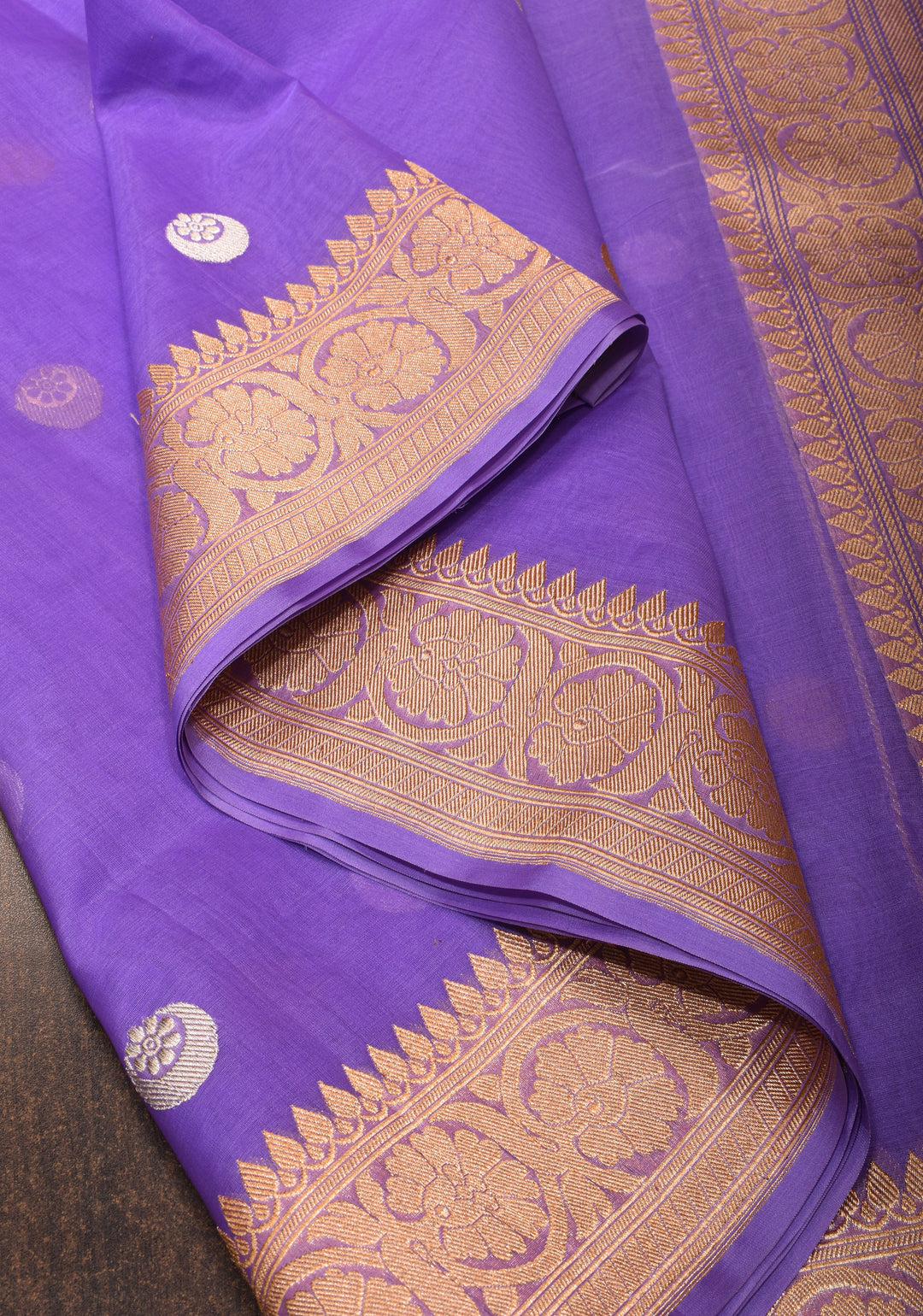Lilac Banarasi Kora Silk Saree with Sona Rupa Chand Tara Buttas and Zari Border | SILK MARK CERTIFIED