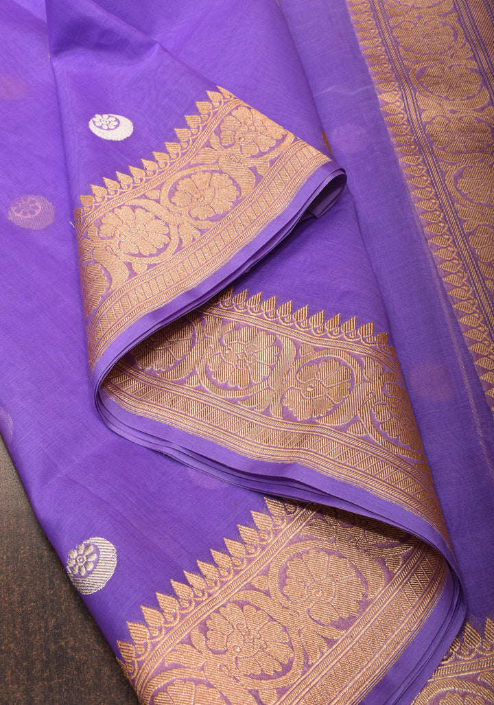 Lilac Banarasi Kora Silk Saree with Sona Rupa Chand Tara Buttas and Zari Border | SILK MARK CERTIFIED