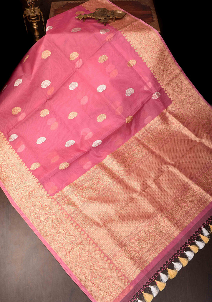 Rosy Pink Pure Banarasi Kora Silk Saree with Sona Rupa Paisley Motifs and Zari Border | SILK MARK CERTIFIED
