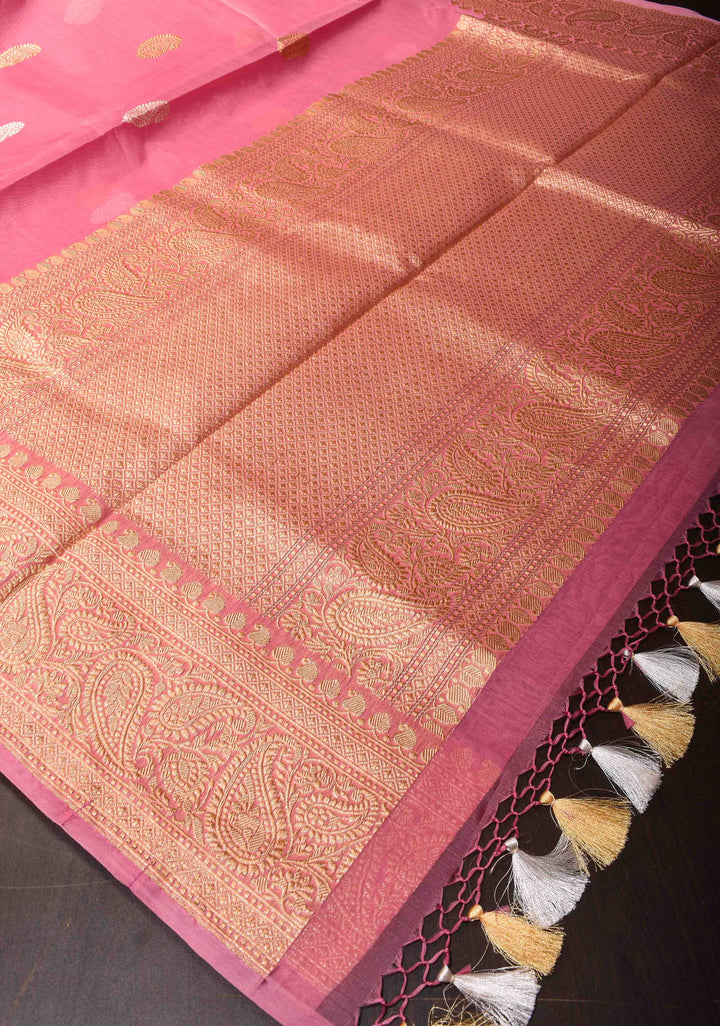 Rosy Pink Pure Banarasi Kora Silk Saree with Sona Rupa Paisley Motifs and Zari Border | SILK MARK CERTIFIED