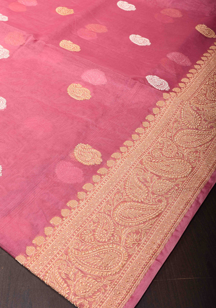 Rosy Pink Pure Banarasi Kora Silk Saree with Sona Rupa Paisley Motifs and Zari Border | SILK MARK CERTIFIED