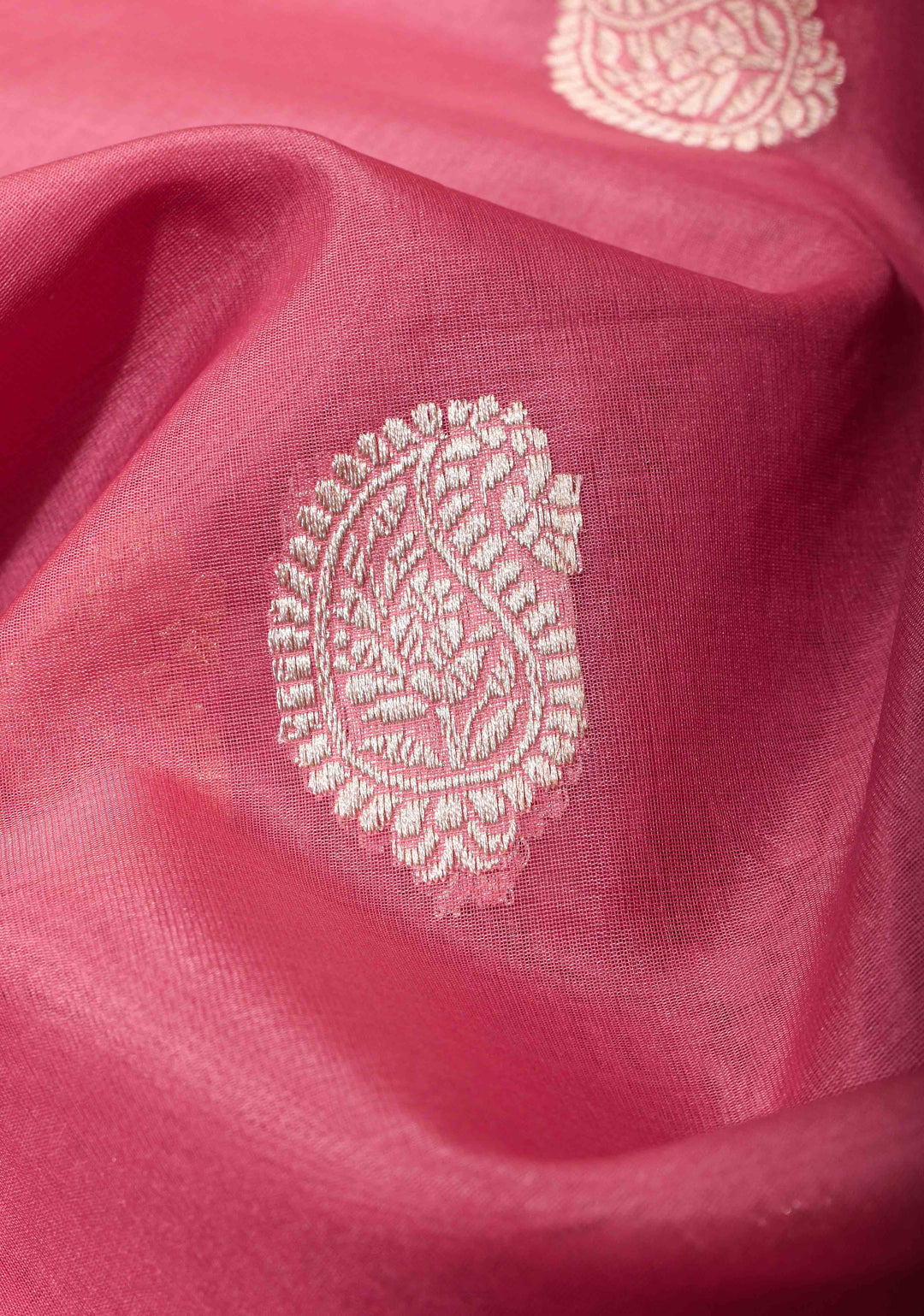 Rosy Pink Pure Banarasi Kora Silk Saree with Sona Rupa Paisley Motifs and Zari Border | SILK MARK CERTIFIED
