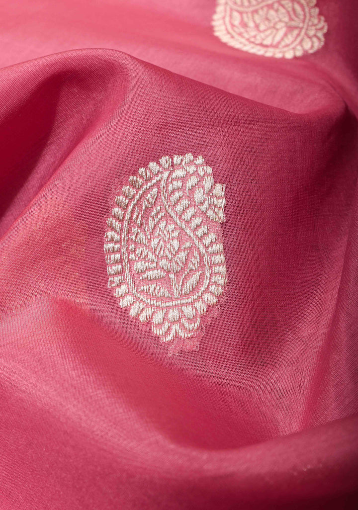 Rosy Pink Pure Banarasi Kora Silk Saree with Sona Rupa Paisley Motifs and Zari Border | SILK MARK CERTIFIED
