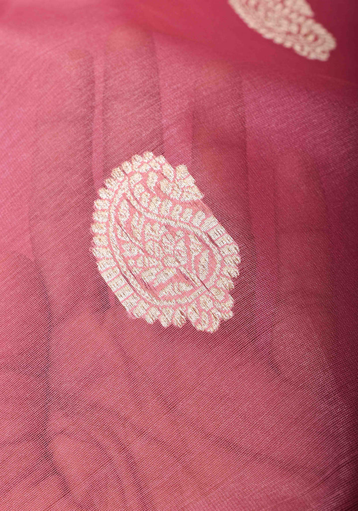 Rosy Pink Pure Banarasi Kora Silk Saree with Sona Rupa Paisley Motifs and Zari Border | SILK MARK CERTIFIED
