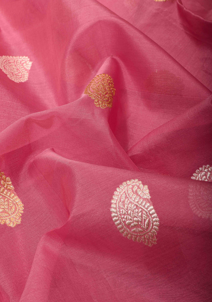 Rosy Pink Pure Banarasi Kora Silk Saree with Sona Rupa Paisley Motifs and Zari Border | SILK MARK CERTIFIED