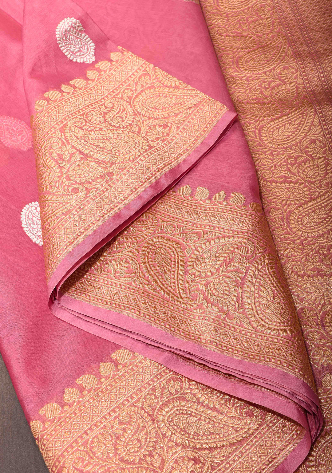Rosy Pink Pure Banarasi Kora Silk Saree with Sona Rupa Paisley Motifs and Zari Border | SILK MARK CERTIFIED | SHOBITAM