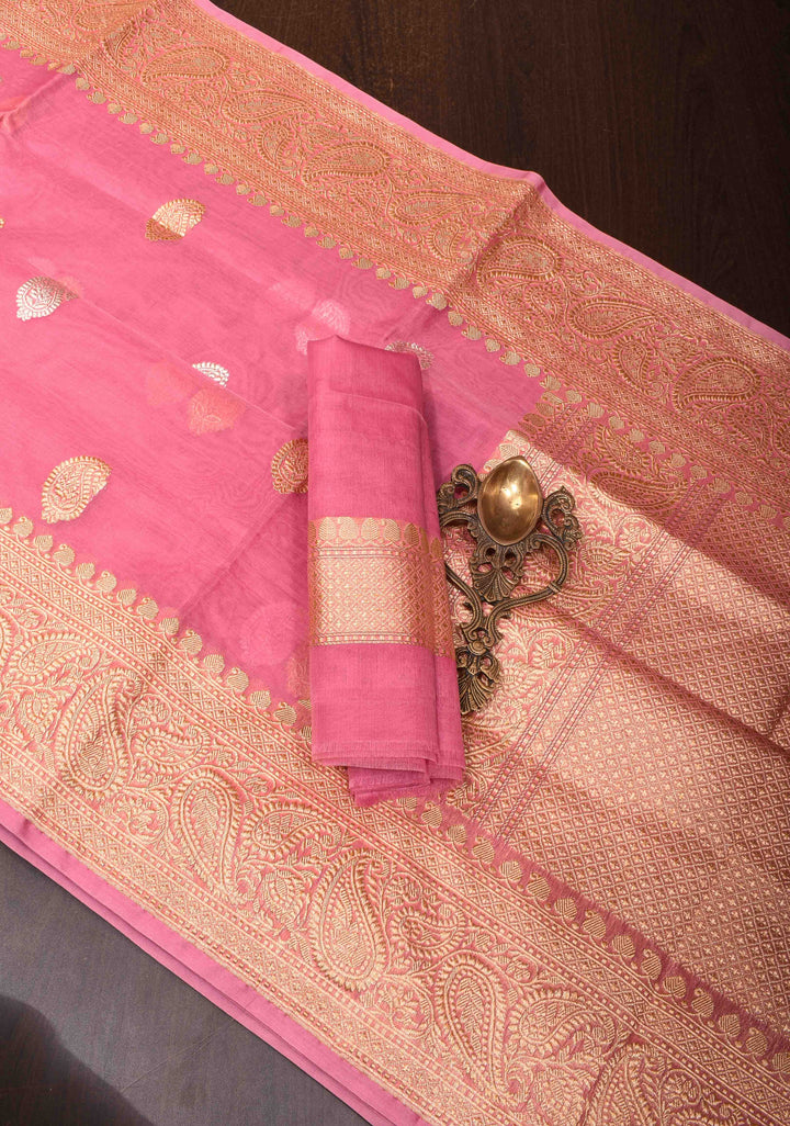 Rosy Pink Pure Banarasi Kora Silk Saree with Sona Rupa Paisley Motifs and Zari Border | SILK MARK CERTIFIED