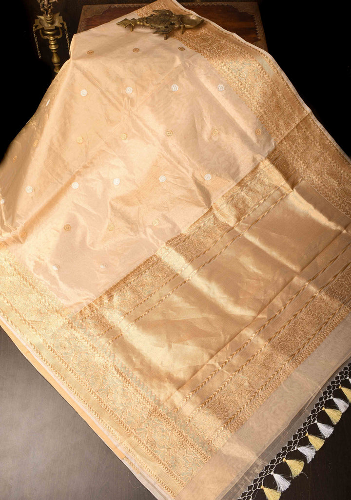Exquisite Pure Banarasi  Tissue Silk Saree in Gold with Sona Rupa Motifs and Zari Border | SILK MARK CERTIFIED