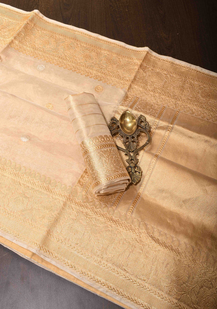 Exquisite Pure Banarasi  Tissue Silk Saree in Gold with Sona Rupa Motifs and Zari Border | SILK MARK CERTIFIED