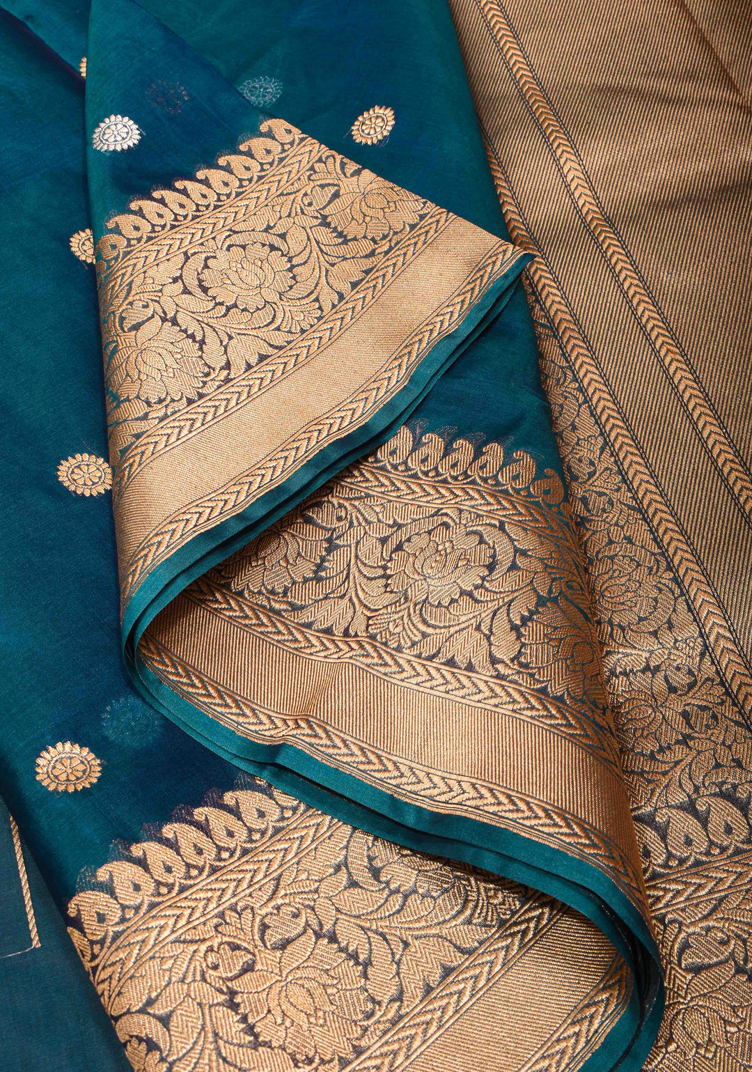 Pure Banarasi Organza Silk Saree in Peacock Blue with Sona Rupa Butta and Zari Border | SILK MARK CERTIFIED