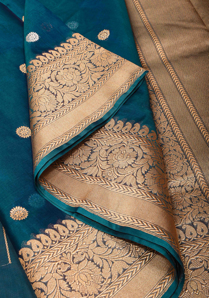 Pure Banarasi Organza Silk Saree in Peacock Blue with Sona Rupa Butta and Zari Border | SILK MARK CERTIFIED