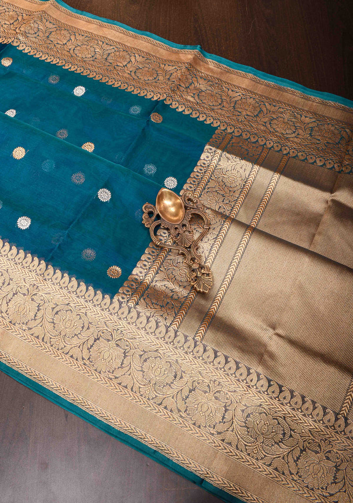Pure Banarasi Organza Silk Saree in Peacock Blue with Sona Rupa Butta and Zari Border | SILK MARK CERTIFIED