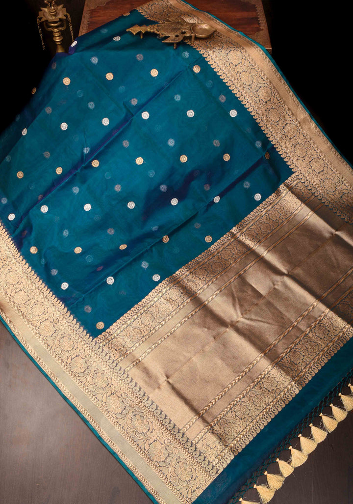 Pure Banarasi Organza Silk Saree in Peacock Blue with Sona Rupa Butta and Zari Border | SILK MARK CERTIFIED