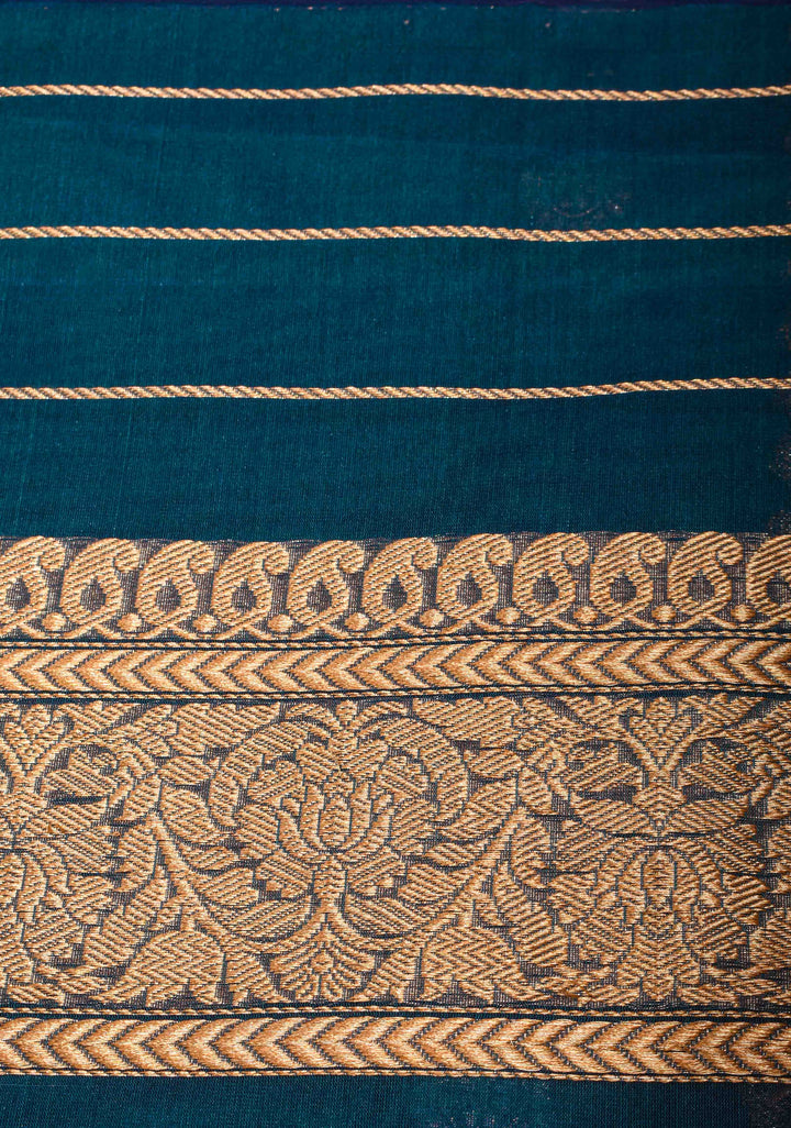 Pure Banarasi Organza Silk Saree in Peacock Blue with Sona Rupa Butta and Zari Border | SILK MARK CERTIFIED