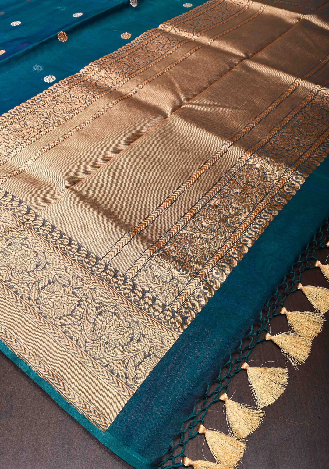 Pure Banarasi Organza Silk Saree in Peacock Blue with Sona Rupa Butta and Zari Border | SILK MARK CERTIFIED