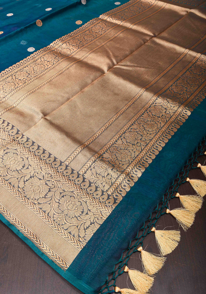 Pure Banarasi Organza Silk Saree in Peacock Blue with Sona Rupa Butta and Zari Border | SILK MARK CERTIFIED