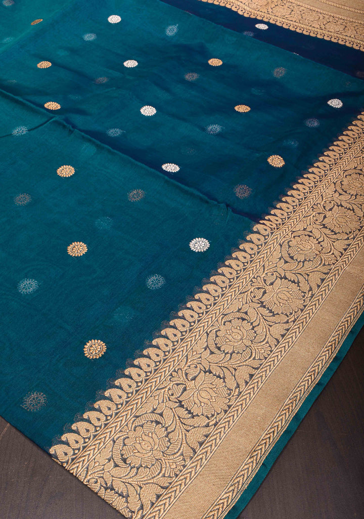 Pure Banarasi Organza Silk Saree in Peacock Blue with Sona Rupa Butta and Zari Border | SILK MARK CERTIFIED