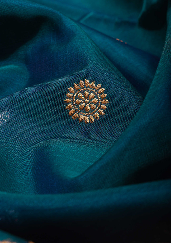 Pure Banarasi Organza Silk Saree in Peacock Blue with Sona Rupa Butta and Zari Border | SILK MARK CERTIFIED