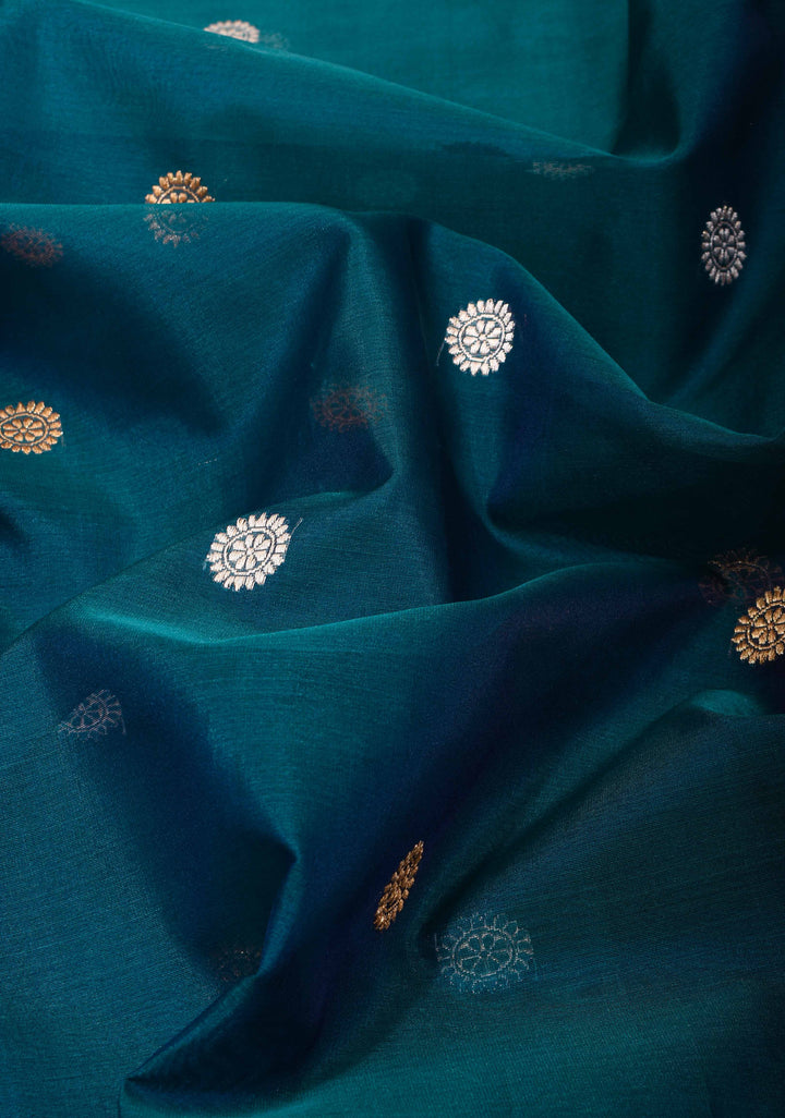 Pure Banarasi Organza Silk Saree in Peacock Blue with Sona Rupa Butta and Zari Border | SILK MARK CERTIFIED