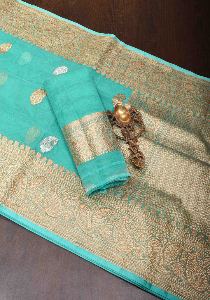 Cyan Pure Banarasi Kora Silk Saree with Sona Rupa Paisley Motifs and Zari Border | SILK MARK CERTIFIED