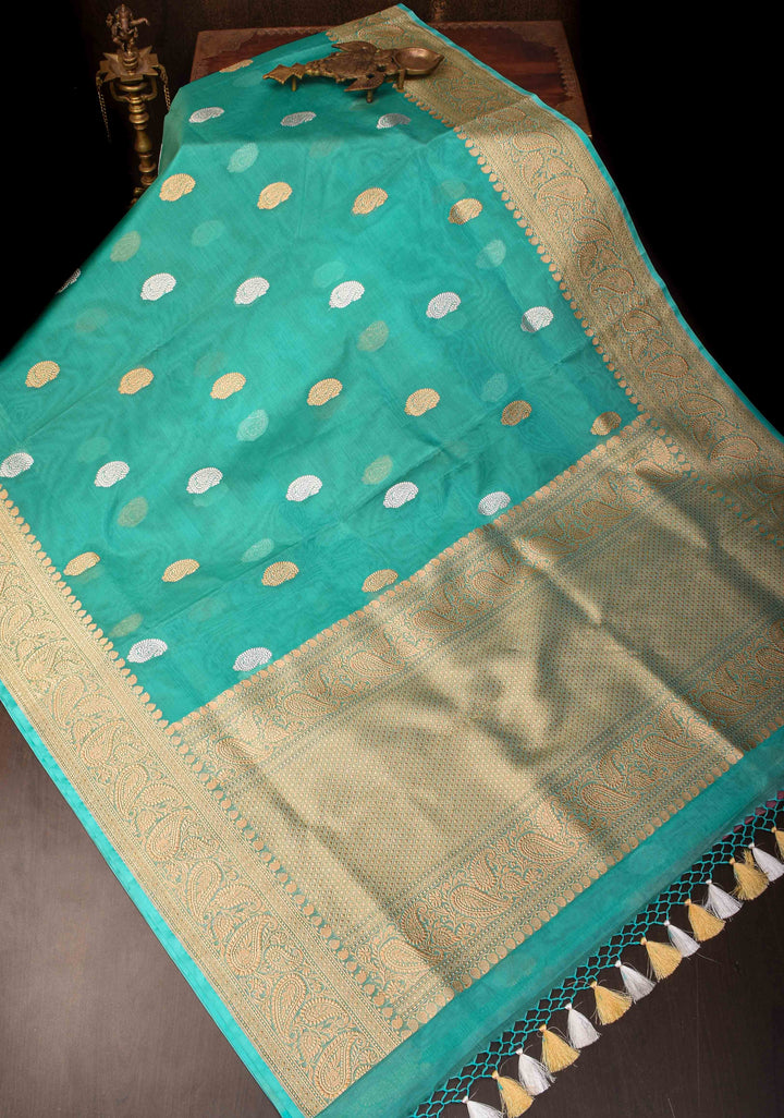 Cyan Pure Banarasi Kora Silk Saree with Sona Rupa Paisley Motifs and Zari Border | SILK MARK CERTIFIED