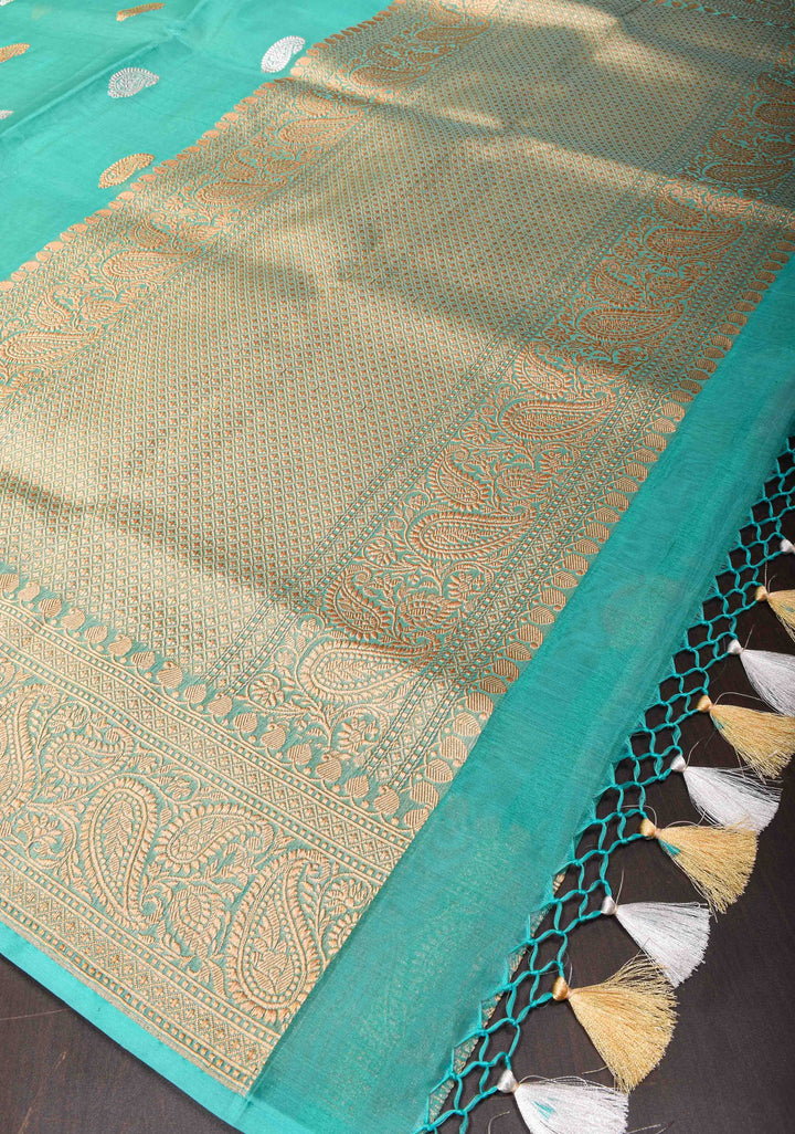 Cyan Pure Banarasi Kora Silk Saree with Sona Rupa Paisley Motifs and Zari Border | SILK MARK CERTIFIED