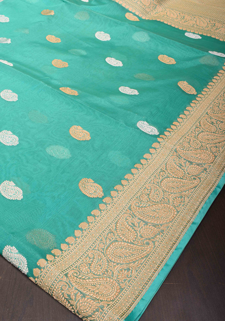Cyan Pure Banarasi Kora Silk Saree with Sona Rupa Paisley Motifs and Zari Border | SILK MARK CERTIFIED