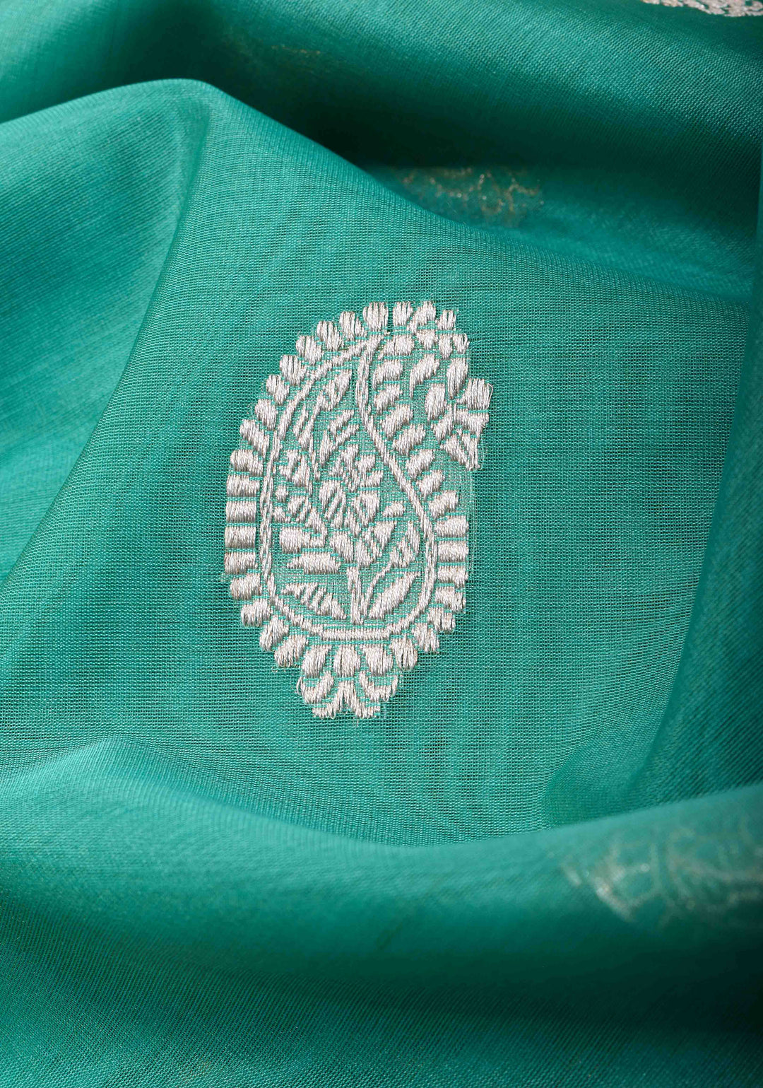 Cyan Pure Banarasi Kora Silk Saree with Sona Rupa Paisley Motifs and Zari Border | SILK MARK CERTIFIED
