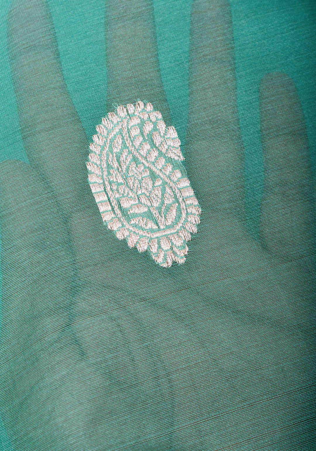 Cyan Pure Banarasi Kora Silk Saree with Sona Rupa Paisley Motifs and Zari Border | SILK MARK CERTIFIED