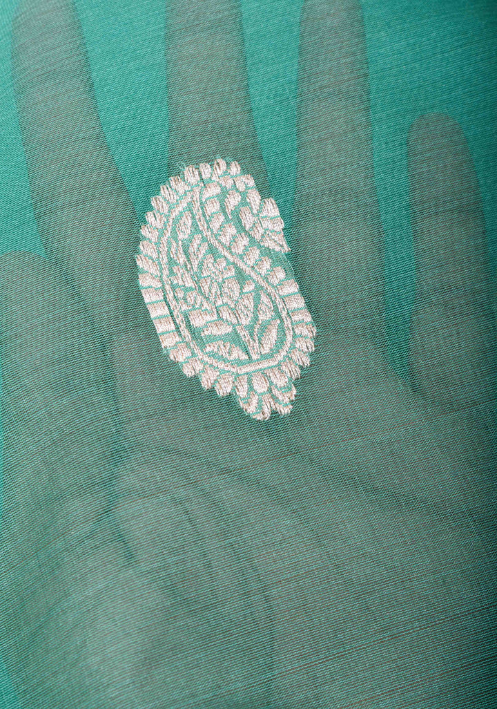 Cyan Pure Banarasi Kora Silk Saree with Sona Rupa Paisley Motifs and Zari Border | SILK MARK CERTIFIED