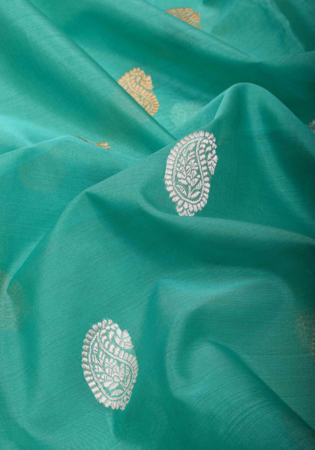 Cyan Pure Banarasi Kora Silk Saree with Sona Rupa Paisley Motifs and Zari Border | SILK MARK CERTIFIED