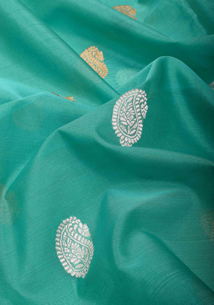 Cyan Pure Banarasi Kora Silk Saree with Sona Rupa Paisley Motifs and Zari Border | SILK MARK CERTIFIED